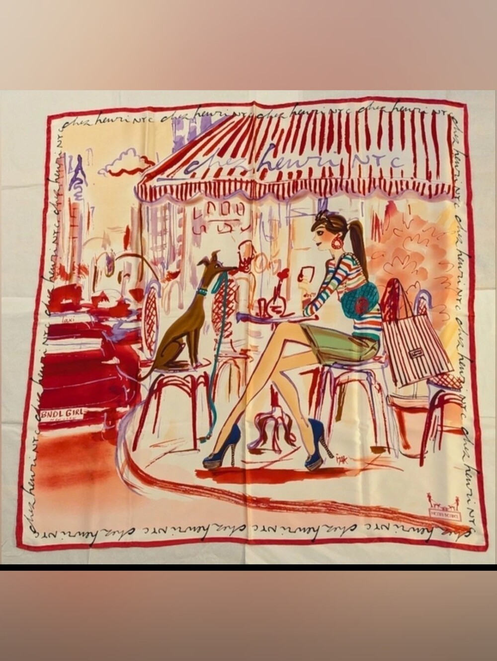 Henri Bendel Whippet Dog & Cafe Girl Scarf, RARE, Limited Edition - New, No Tags